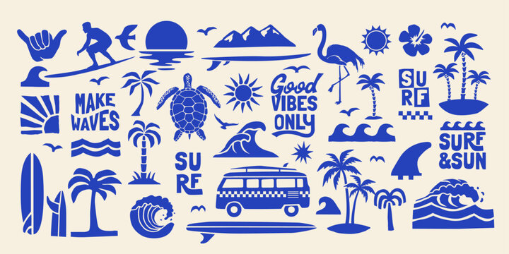 Fototapeta A tropical beach and surf-themed vector set with palm trees, waves, surfboards, a van, flamingos, and ocean elements with quotes, in a bold graphic style. Perfect for t-shirt prints, posters, stickers