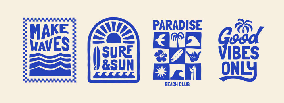 Vector graphic set with a tropical surf and sun theme illustrations. Including phrases such as "Make Waves", "Surf & Sun", "Paradise Beach Club", and "Good Vibes Only". Ideal for t-shirt print, poster