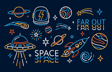 Space theme vector illustration set with UFOs, rockets, planets, stars, comets, and astronaut helmets in a playful line-art style. Perfect for kids' designs, t-shirts, posters, and stickers. © cddesign.co