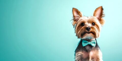 Naklejka premium A stylish small dog wearing a bow tie poses against a vibrant blue background. This charming portrait captures the playful spirit of pets. Perfect for pet lovers and fashion enthusiasts. AI