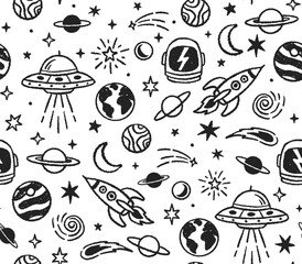 Hand drawn space theme vector seamless pattern with UFOs, rockets, planets, stars, comets, and astronauts in a doodle art style.