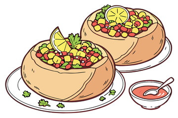 23 Bread bowls filled with colorful salad, pomegranate seeds, corn kernels, parsley garnish, lemon slice, white ceramic plate, small dipping sauce bowl, photorealistic food photography, appetizing, vi