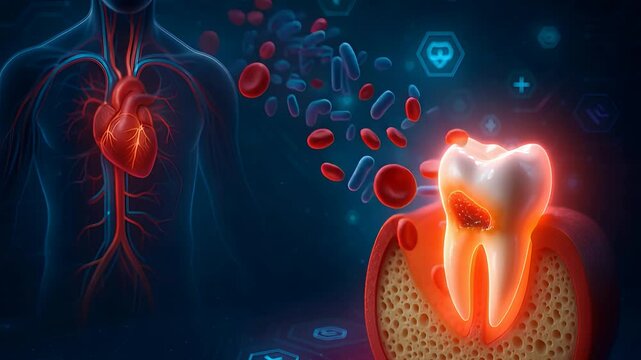Dental and Cardiovascular Health Connection Showing Tooth with Blood Cells and Human Heart in Scientific Medical Scene


