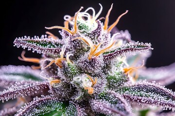 Close-up of a cannabis bud, showcasing its trichomes, vibrant purple and green hues, and intricate details against a dark background