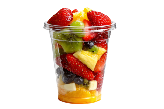 Fruit salad in plastic cup on transparent background