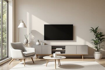 Fototapeta premium Contemporary living room with cozy furniture, natural lighting, soft tones and a large TV on light wall background, concept of modern home architecture. Ai generative