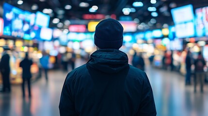Alone Amidst The Glow Man Contemplates Sensory Overload Of Digital Screens In Public Space.
