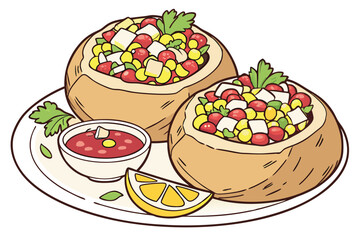 23 Bread bowls filled with colorful salad, pomegranate seeds, corn kernels, parsley garnish, lemon slice, white ceramic plate, small dipping sauce bowl, photorealistic food photography, appetizing, vi