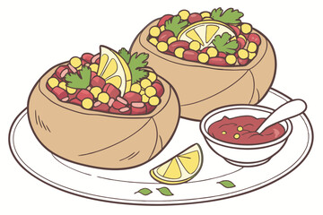 23 Bread bowls filled with colorful salad, pomegranate seeds, corn kernels, parsley garnish, lemon slice, white ceramic plate, small dipping sauce bowl, photorealistic food photography, appetizing, vi