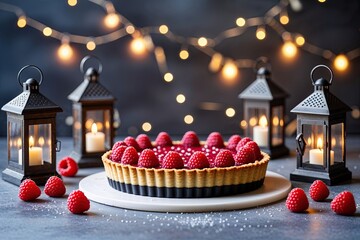 Delightful Raspberry Tart with Lanterns for a Festive Work Milestone Celebration