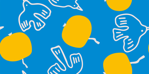 Doves and yellow apple seamless pattern