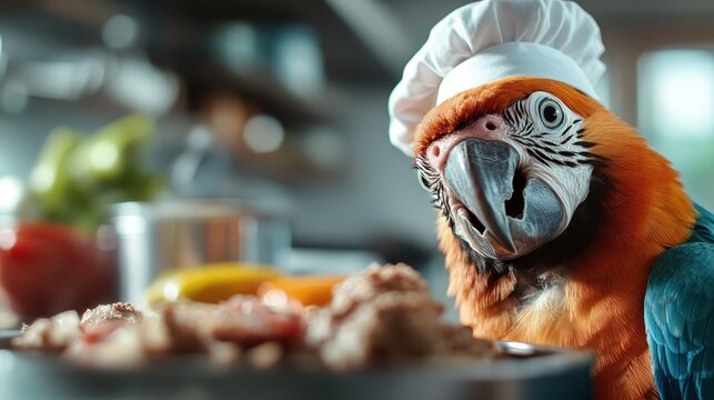 A vibrant parrot donning a chef hat poses in a kitchen filled with fresh ingredients, showcasing the fun and whimsical side of cooking through an animal's perspective.