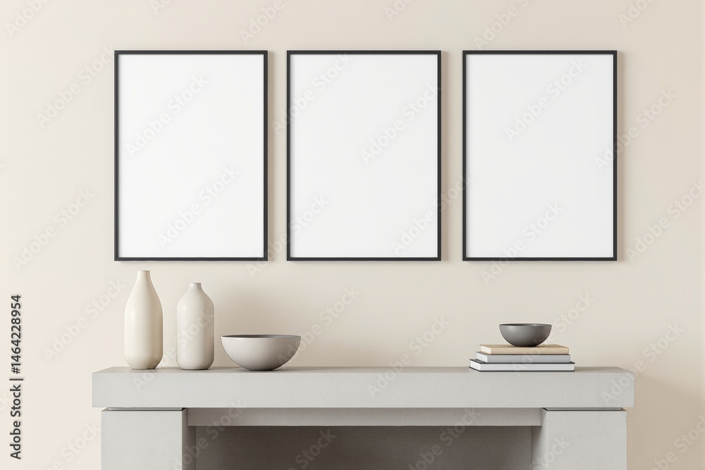 Poster three empty posters inframes on light wall above modern console with ceramic vases and books, clean 