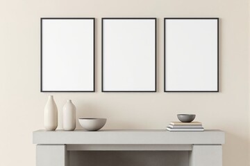 Three empty posters inframes on light wall above modern console with ceramic vases and books, clean layout for presentation or display. Ai generative