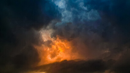 Obraz premium Orange blue sky, clouds in the sky gloomy celestial landscape, wallpaper,background. Sky landscape sky horizon, colorful.