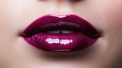 Fototapeta premium A striking close-up of glossy dark purple lips highlights beauty and fashion, encapsulating modern trends in makeup with an artistic touch and an emphasis on allure.