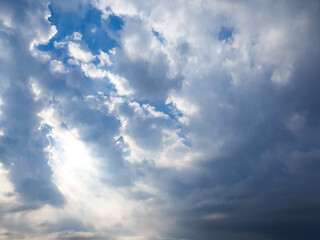 Blue sky with clouds and sunshine. Sky landscape on the horizon with clouds.