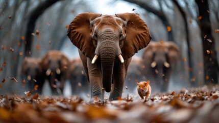 Obraz premium An awe-inspiring elephant leading a playful pig on a forest path, showcasing the beauty of wildlife and unexpected friendships among animals, rich in context and emotion.