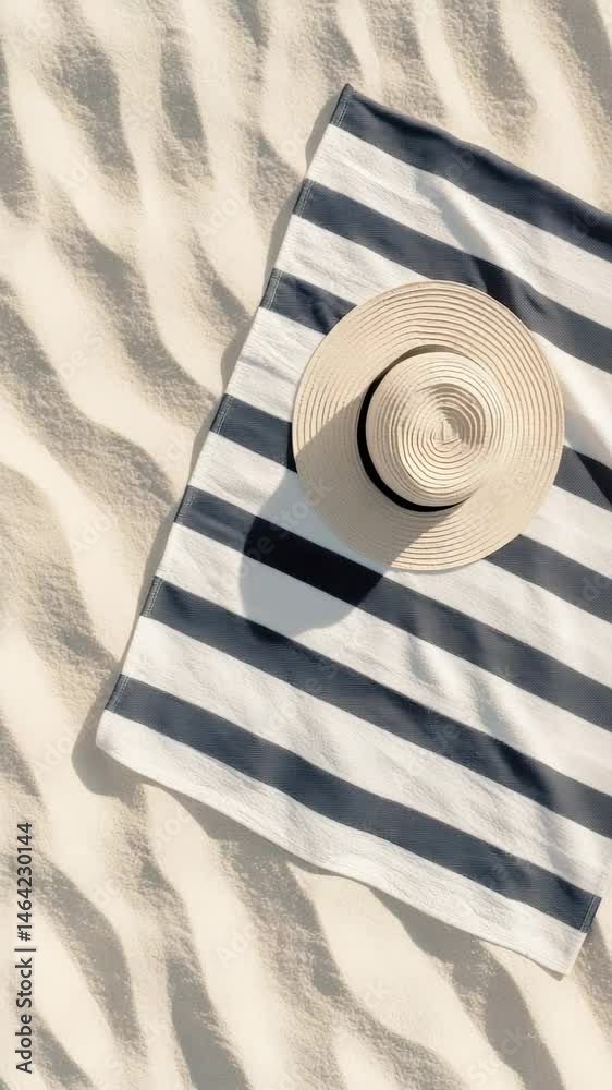 Poster sunlight streaming down on a straw hat resting atop a striped beach towel spread across soft, warm s