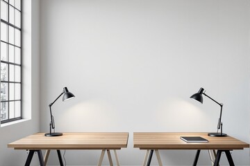 Two wooden desks with desk lamps in a minimalist room, modern graphic style, light background wall, concept of clean workspace. Ai generative