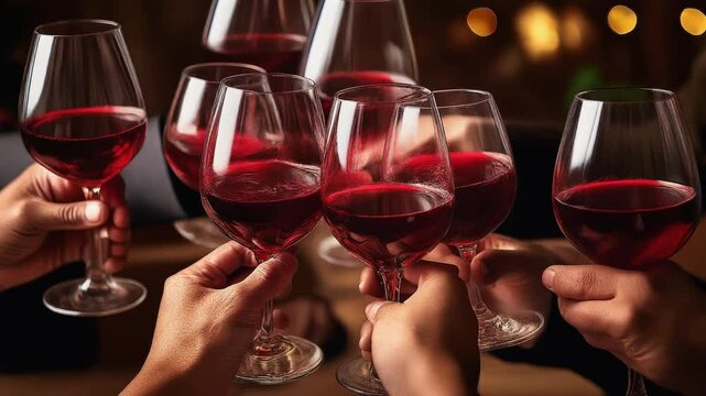 Primer plano de un brindis con copas de vino tinto durante una celebraci&oacute;n y fiesta