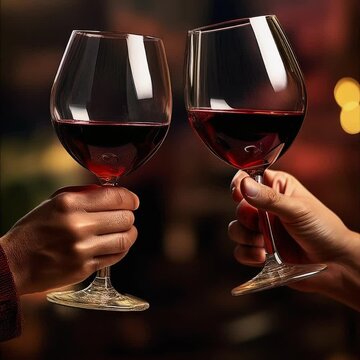 Primer plano de un brindis con copas de vino tinto durante una celebraci&oacute;n y fiesta