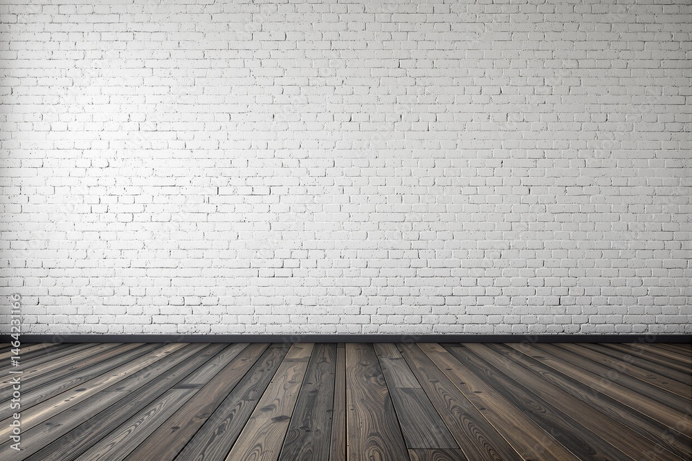 Poster white painted brick wall with dark wooden floor in empty room, minimalist style, neutral background 