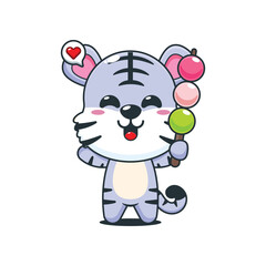 Naklejka premium Cute white tiger cartoon vector illustration eating dango
