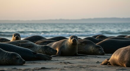 Harbor Seals resting on the beach at dawn