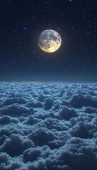 Full Moon Shining Brightly above a Sea of Fluffy White Clouds at Night, Stars Twinkling overhead