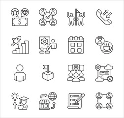 Business management icon set. Contains icon of businessman, target, accounting, finance, profit, success, data, customer service, work, store, shop, meeting, education, idea. Vector illustration