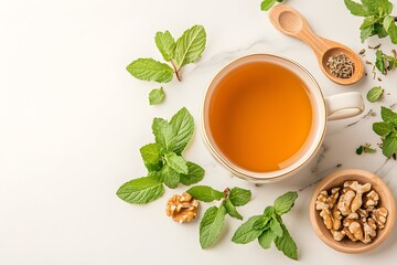 Herbal tea with mint and walnuts, served in a cup