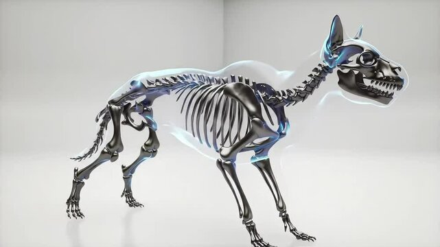 Full-body futuristic metallic dog skeleton rendered in digital style