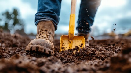 A focused individual digs into dark, rich soil with a shovel, demonstrating hard work, dedication, and connection to nature in a beautifully blurred outdoor setting.