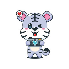 Cute white tiger cartoon vector illustration with camera