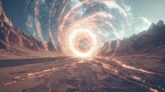 Glowing portal opening a vast desert swirling lights and energy emerging from it cinematic interdimensional travel