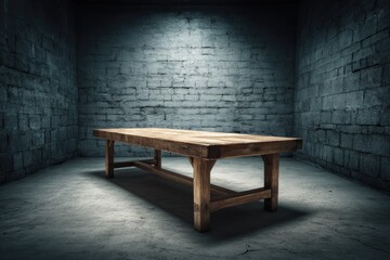 Solitary Confinement Empty Wooden Table Under Harsh Spotlight in Desolate Cell