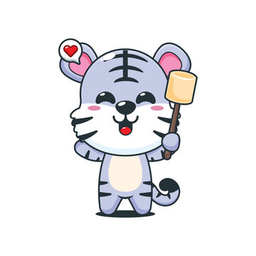 recommend clip art: Cute white tiger cartoon vector illustration eating marshmallow