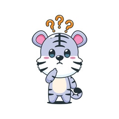 Cute white tiger cartoon vector illustration is confused
