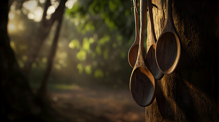 Wooden Spoons Hanging On Tree Trunk In Forest