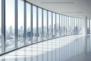 Fototapeta premium Spacious modern office with large curved glass windows, minimalistic architecture style, city skyline background, concept of futuristic workspace. Ai generative
