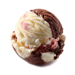 Ice cream scoop with chocolate, vanilla, and strawberry isolated on white background