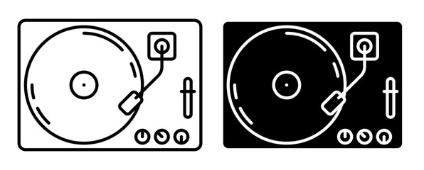 Linear icon. Vinyl music player with volume control. Antique musical equipment for playing vinyl records. Simple black and white vector isolated on white background