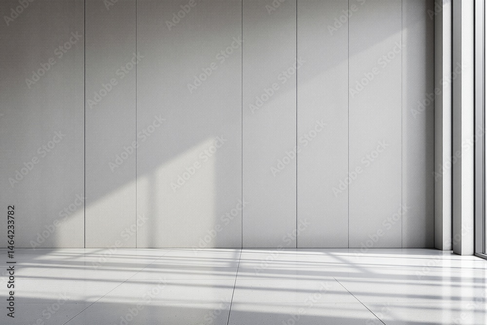 Poster bright minimalist empty room interior with sunlight shadows on tiled floor and vertical white panel 