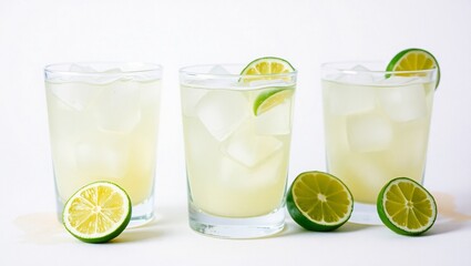 Fototapeta premium Refreshing Citrus Cocktail with Ice on Wooden Table – A Close-Up of Lemon, Lime, and Orange Drink