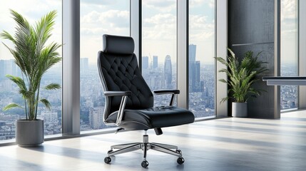 Modern black office chair situated near large windows.