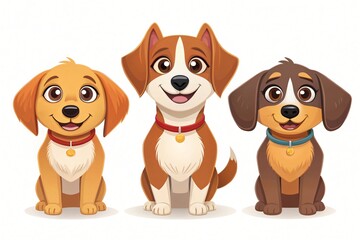 Adorable Cartoon Dogs Golden Retriever Beagle and Dachshund Puppies Sitting Together