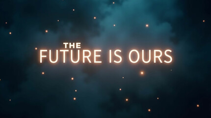 Text “The Future is Ours” in uppercase clean white font, centered with warm glow lighting, futuristic empowerment theme