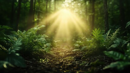 Obraz premium A sunlit forest path is illuminated by brilliant beams of sunlight filtering through the lush greenery, creating a serene and inviting atmosphere for relaxation and exploration.