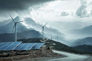 Fototapeta premium A Symphony of Sustainability Wind Turbines and Solar Panels Amidst Mountain Majesty